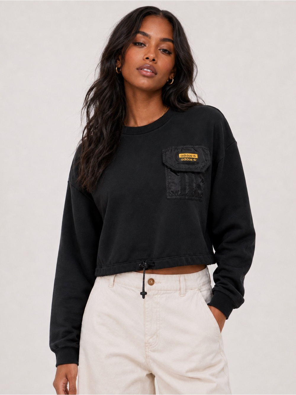 adidas Black Long Sleeve Crewneck with Front Patch Pocket